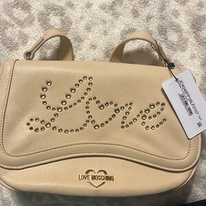 NWT Love Moschino PU Love Grommet Bag in Tan